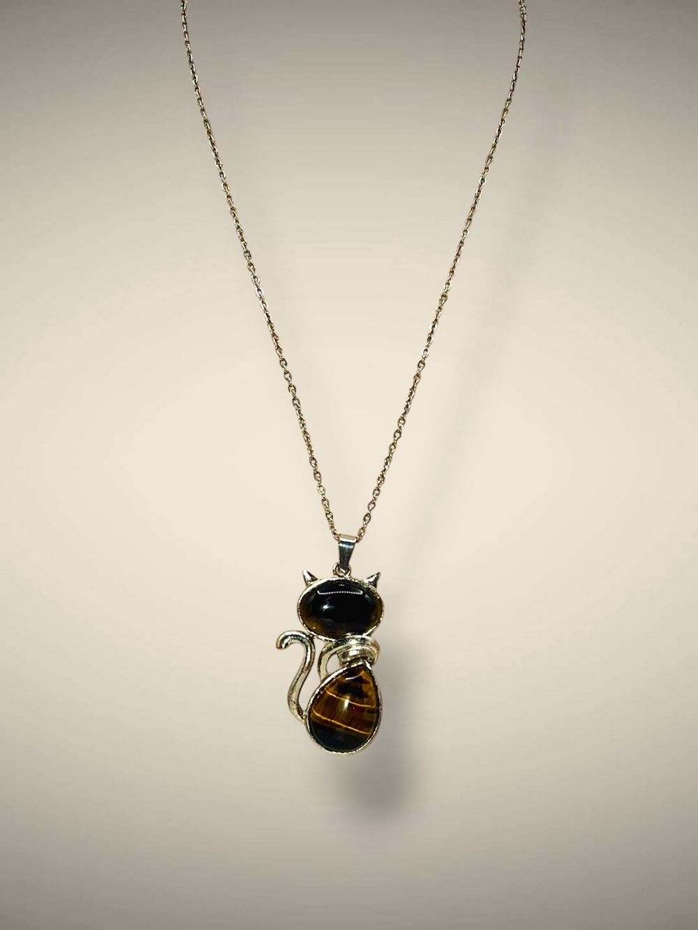 Cute Tiger Eye Natural Stone Cat Kitten Pendant Necklace Silver Tone - Picture 5 of 16